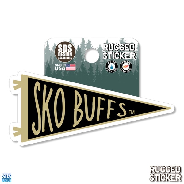 CU Buffaloes rugged sticker in the shape of a pennant with "SKO BUFFS" text in gold on a black background.
